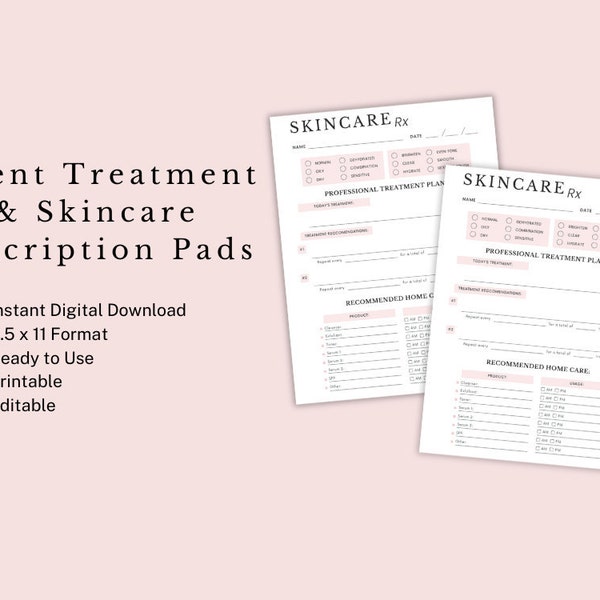 Client Treatment Plan, Skincare Prescription Pad, Skin care Treatment Plan, Esthetician Form, Skin Care Form, Skincare Plan, Esthetician