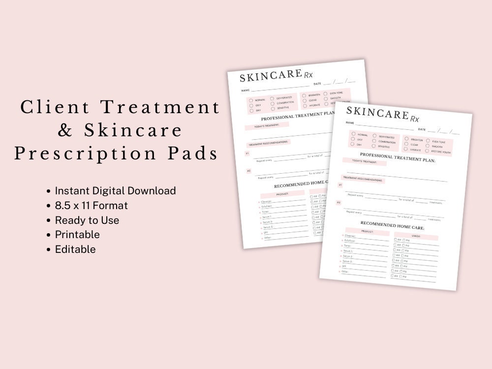 Client Treatment Plan, Skincare Prescription Pad, Skin care Treatment Plan, Esthetician Form, Skin Care Form, Skincare Plan, Esthetician