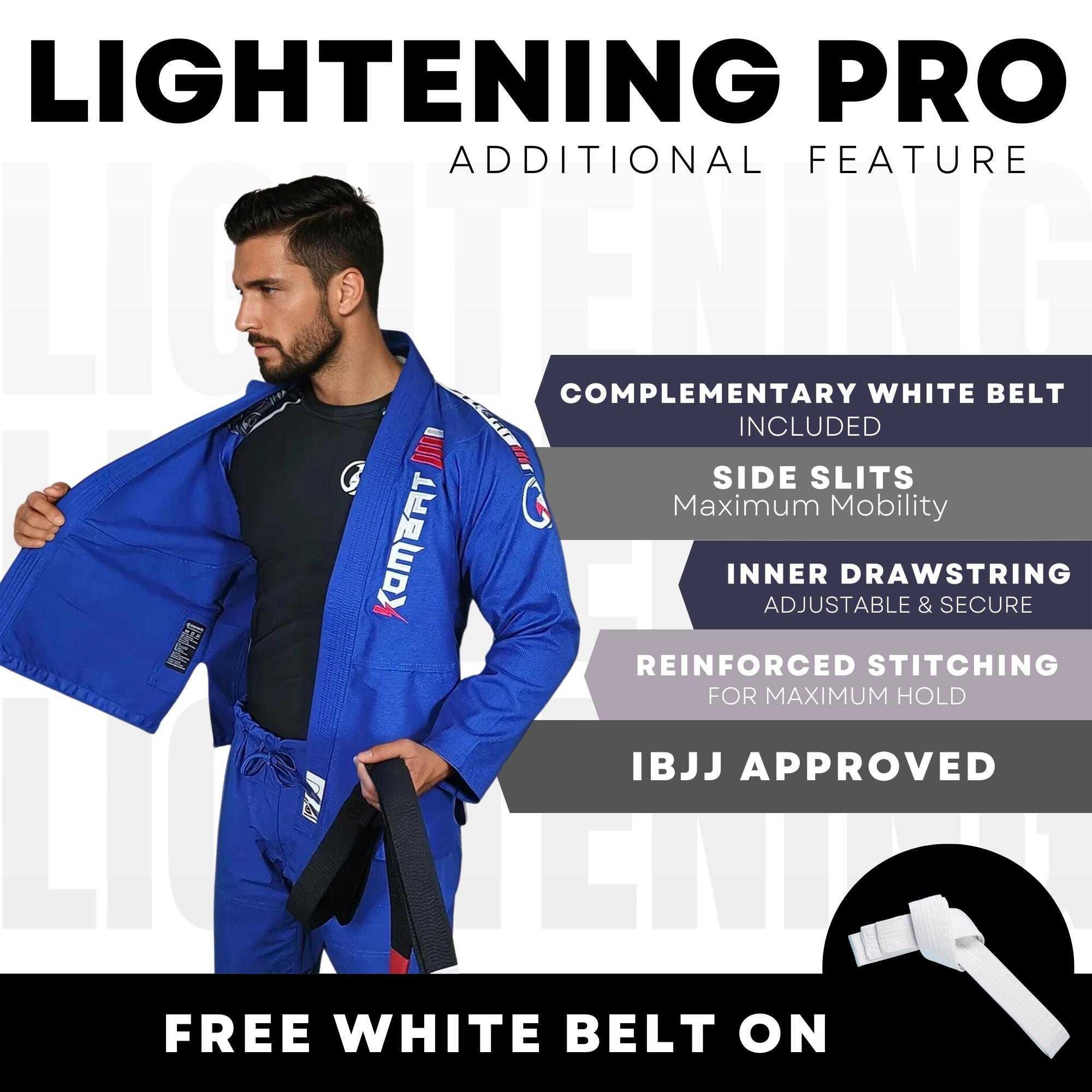 Kombat USA Lightning Pro BJJ Gi For Men | Lightweight Brazilian Jiu-Jitsu Gi | Free White Belt | IBJJF Approved | Preshrunk Fabric | Kimono
