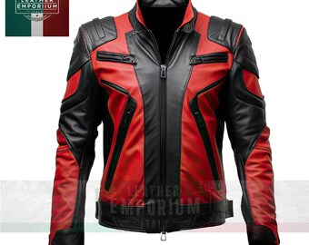 Rot-schwarze Herren-Motorradjacke aus echtem Schaffell mit Stehkragen und mehreren Reißverschlüssen, Café Racer, Biker, 100 % handgefertigt, echtes Lammfell aus weichem Leder