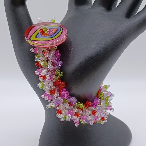 Boho Chic Beaded Fringe Bracelet with a One-of-a-Kind - Button Clasp! Pink -Purple - Green Combine for a Whimsical Springtime Bracelet/Gift