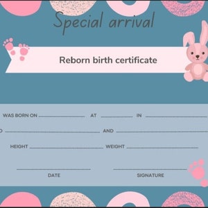 Certificado de nacimiento de renacimiento, certificado de adopción de muñecas, PDF, descarga instantánea