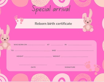 Certificato di nascita della bambola rinata, certificato di adozione in formato PDF, download immediato e stampabile