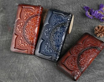 Genuine Leather Embossed Long Wallet - Floral Card Holder Wallet - Women Long Clutch Wallet - Brown Red Dark Blue Leather Wallet