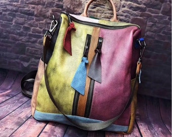 Mochila de patchwork de color aleatorio de cuero genuino - Bolso de hombro de cuero de vaca teñido a mano - Bolsa de viaje de trabajo escolar - Colores aleatorios