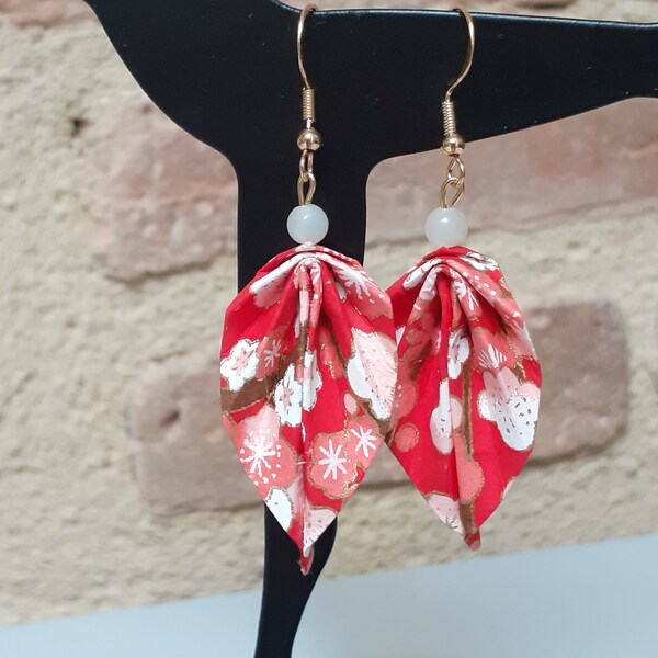 Earrings for women, teenage girls, leaves, origami, Japanese paper, dangling, amazonite, rhodonite