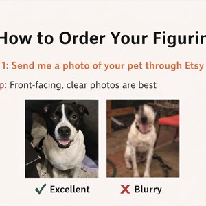 K&ouml;nnte beinhalten: Bild mit Anweisungen zur Bestellung einer Figur. Der Text lautet "So bestellen Sie Ihre Figur" und "Schritt 1: Senden Sie mir ein Foto Ihres Haustiers &uuml;ber Etsy-Nachrichten." Es werden zwei Hundefotos gezeigt, eines mit "Ausgezeichnet" und das andere mit "Verschwommen" gekennzeichnet.
