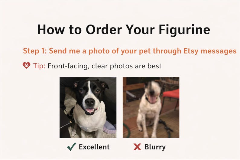 K&ouml;nnte beinhalten: Bild mit Anweisungen zur Bestellung einer Figur. Der Text lautet "So bestellen Sie Ihre Figur" und "Schritt 1: Senden Sie mir ein Foto Ihres Haustiers &uuml;ber Etsy-Nachrichten." Es werden zwei Hundefotos gezeigt, eines mit "Ausgezeichnet" und das andere mit "Verschwommen" gekennzeichnet.