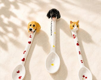 Personalisierter Haustier-Porträtlöffel, individuelles Hundekatzengeschenk vom Foto, handgemachter keramischer Kaffeelöffel, Hundemama-Geschenk, Haustier-Erinnerungsgeschenk, Haustier-Liebhaber