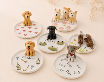 Custom Pet Jewelry Dish/Personalized Dog Cat Ceramic Ring Tray with Sculpted Figurine/Handmade Trinket Dish Gift for Pet Lovers/Pet Dish