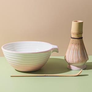 Handmade Pink Ceramic Matcha Bowl Set with Bamboo Whisk and Chasen Holder White Matcha Ceremonial Set 450ml, Matcha Gift Set Gift Ideas