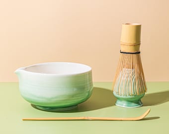 Handmade New Green Ceramic Matcha Bowl Set with Bamboo Whisk and Chasen Holder Green Matcha Ceremonial Set 450ml, Matcha Gift Set Gift Ideas