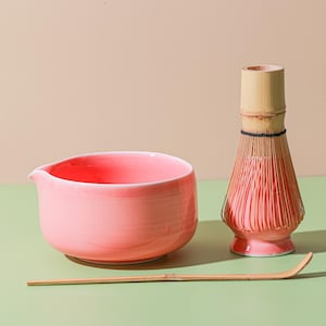 Handmade Pink Ceramic Matcha Bowl Set with Bamboo Whisk and Chasen Holder Pink Matcha Ceremonial Set 450ml, Matcha Gift Set Gift Ideas