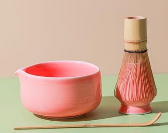 Handmade Pink Ceramic Matcha Bowl Set with Bamboo Whisk and Chasen Holder Pink Matcha Ceremonial Set 450ml, Matcha Gift Set Gift Ideas