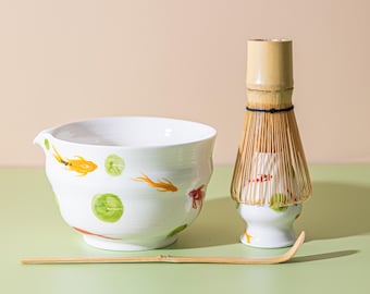 Hand-painted Small Fish Ceramic Matcha Bowl Set with Bamboo Whisk and Chasen Holder White Matcha Ceremonial Set, Matcha Gift Set Gift Ideas