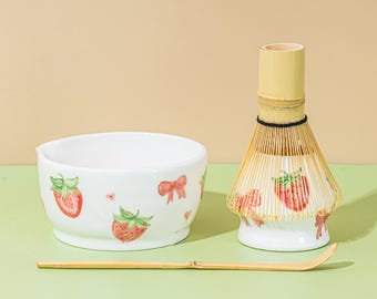 Hand-painted Strawberry Ceramic Matcha Bowl Set with Bamboo Whisk and Chasen Holder Matcha Tea Ceremonial Set Unique Gift for Matcha Lovers