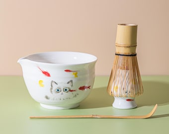 Set di ciotole per matcha in ceramica a forma di gatto dipinte a mano con frusta in bambù e porta chasen, set cerimoniale per matcha bianco da 450 ml, idee regalo per set regalo matcha