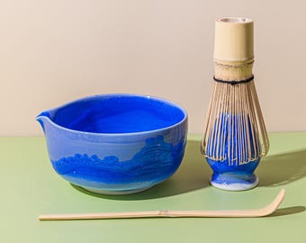 Handmade Blue Ceramic Matcha Bowl Set with Bamboo Whisk and Chasen Holder White Matcha Ceremonial Set 450ml, Matcha Gift Set Gift Ideas