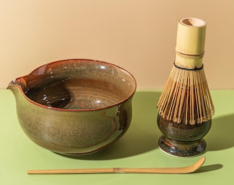 Handmade Ceramic Matcha Bowl Set with Bamboo Whisk and Chasen Holder White Matcha Ceremonial Set 450ml, Matcha Gift Set, Christmas Gift