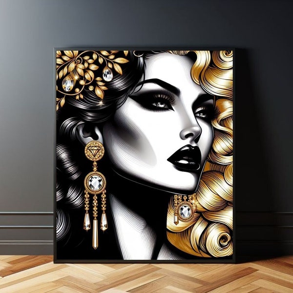 Kunstdruck: Golden woman with long curly hair, pop art, schwarz weiß poster, wanddekoration, deko, artprints