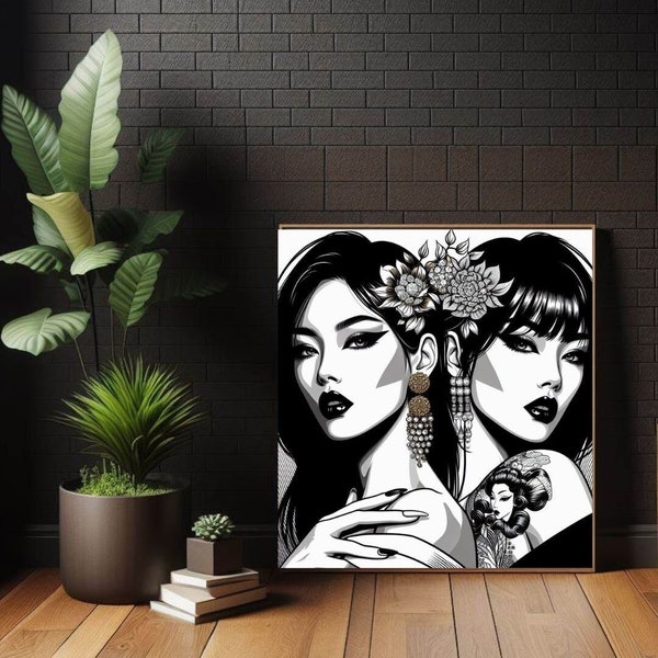 Diamond Japanese Girls, Twins with jewellery and flowers, beautiful woman face, black and white Poster, Pop Art wall art to living room