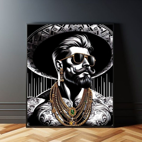 confident man full beard and mustache hat black white man's portrait luxury pop art poster digital download digital file gift luxury canvas