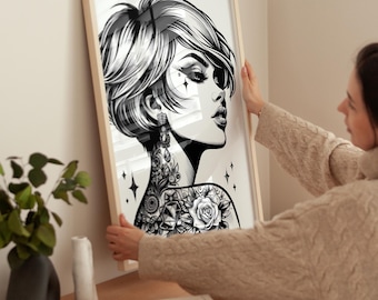 タトゥースタジオの装飾、花柄のタトゥー女性ウォールアート、タトゥーアーティストへのギフト、オルタナティブビューティーサロンのプリント（デジタルダウンロード）