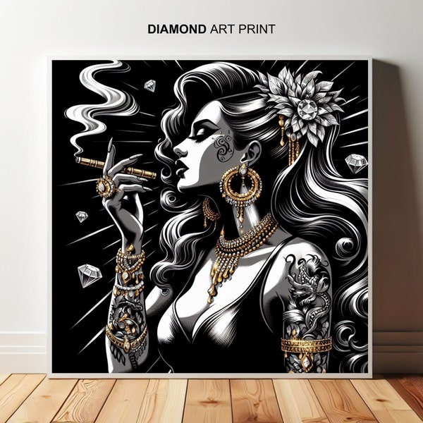 Kunstdruck: Golden latina woman with cigar, black and white ai portrait luxury pop art poster, gift printable luxury canvas, artprints