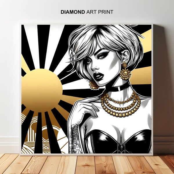 Dame mit Sonnenuntergang, Kunstdruck mit  Pop Art  Zeichnungen, schwarz weiß poster, wanddekoration, deko, love artprints