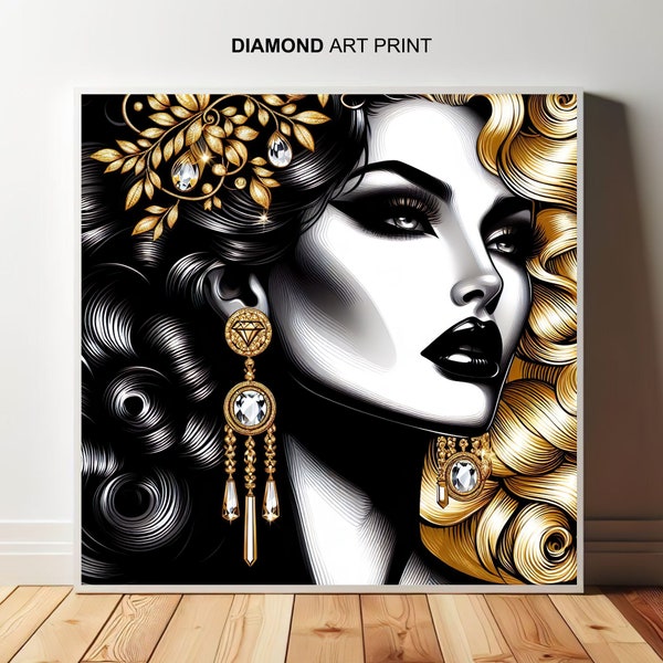 Kunstdruck: Golden woman with long curly hair, pop art, schwarz weiß poster, wanddekoration, deko, artprints, luxury gift for fiancee
