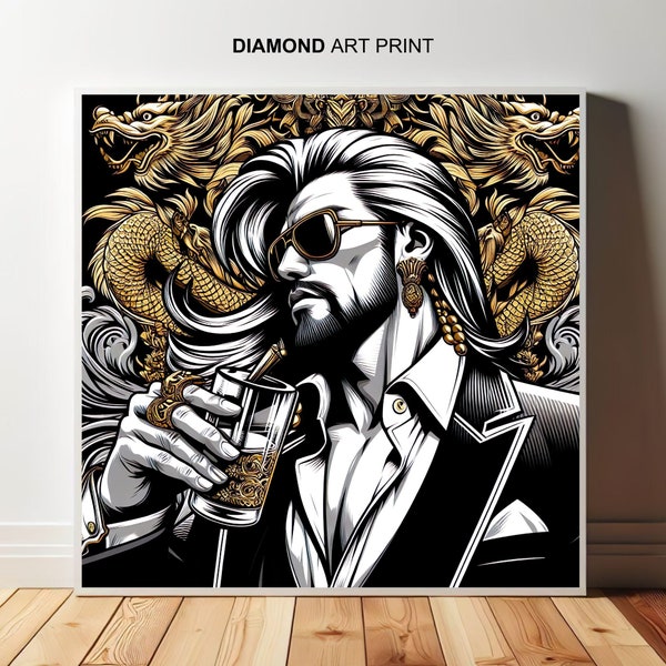 Kunstdruck: Golden dragon man full beard and mustache, Pop Art, schwarz weiß poster, einwandbilder, einwandbild, wanddekoration, artprints