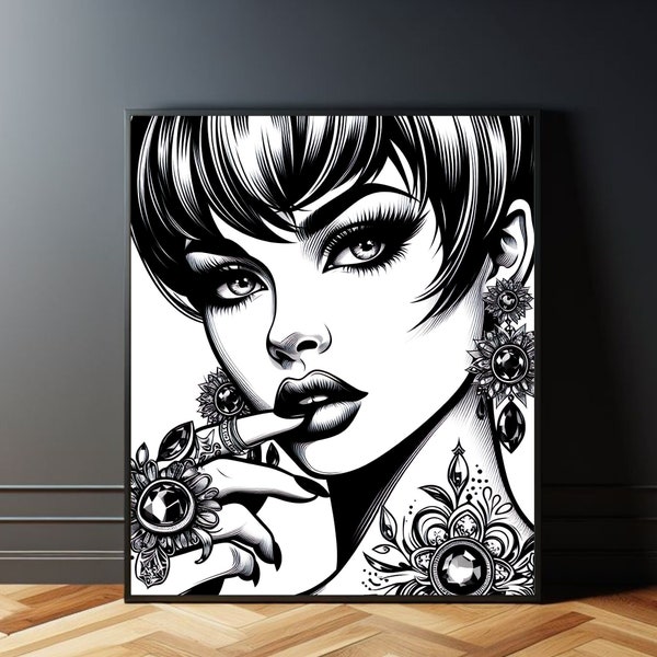 mystery silver woman with short cut hair, flower earrings,  jewelry, black and white poster, artprints, pop art, luxury gift for fiancee
