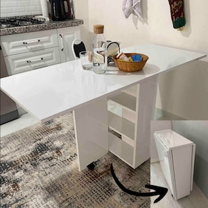 Mesa de comedor plegable portátil con ruedas, mesa de cocina con estantes que ahorra espacio, mesa Murphy de madera con estantes, mesa de balcón portátil