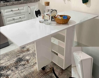 Portable Folding Dining Table on Wheels, Space-Saving Kitchen Table with Shelves, Wooden Murphy Table with Shelves, Portable Balcony Table