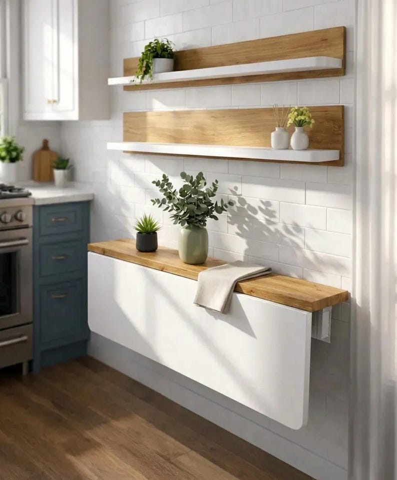 May include: A white and wood-toned wall-mounted drop-leaf table with a wooden top, shown in a kitchen setting. Above the table are two shelves with a wood backing and white shelf. The shelves and table are decorated with plants and vases.
