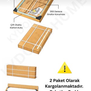 May include: Diagram of a packaged item, showing a wooden surface with metal supports inside a cardboard box. The box has corner protectors and is labeled with text in Turkish. The image also includes a warning symbol and text about shipping.