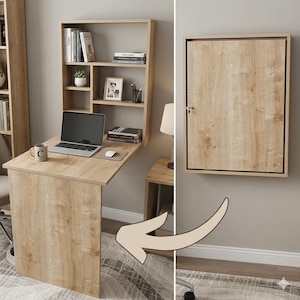 Wall Mounted Murphy Table with Shelves, Wall Folding Wooden Desk, Folding Home Office Desk, Foldable Computer Desk