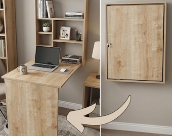 An der Wand befestigter Murphy-Tisch mit Regalen, an der Wand klappbarer Schreibtisch aus Holz, klappbarer Schreibtisch zu Hause, klappbarer Computertisch