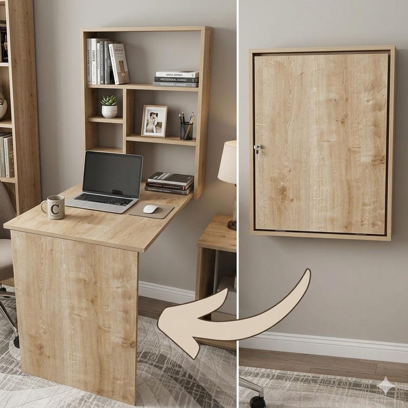 Wall Mounted Murphy Table with Shelves, Wall Folding Wooden Desk, Folding Home Office Desk, Foldable Computer Desk image 1