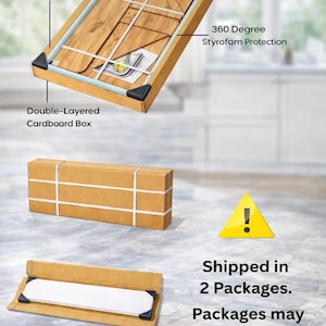 May include: An open double-layered cardboard box with shock-resistant corner guards, containing wooden panels and Styrofoam protection. The image also shows two additional boxes and a warning about separate package arrivals.