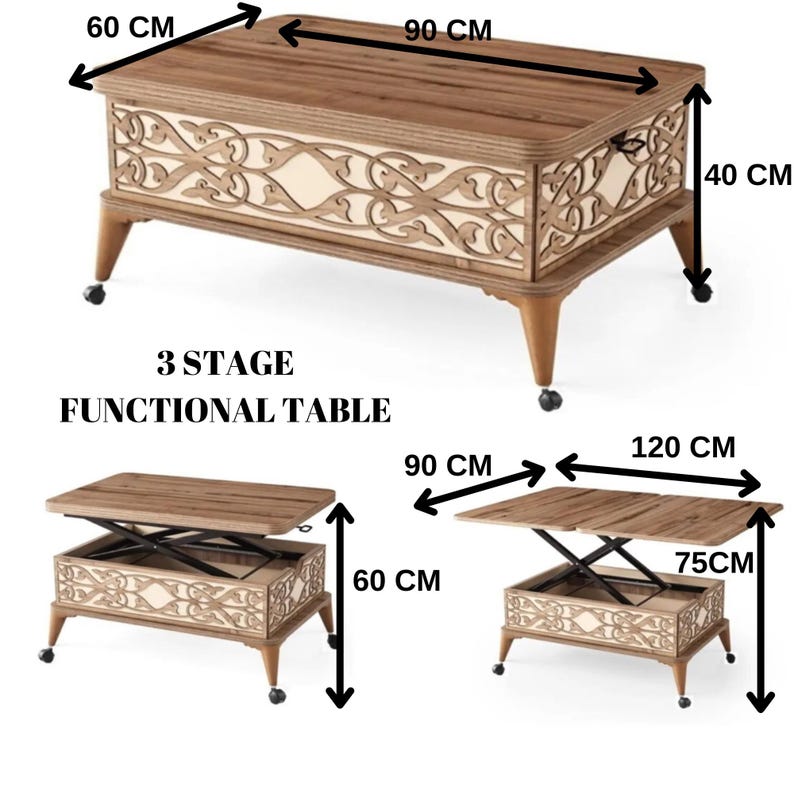 May include: A three-stage functional table with a wooden top and intricate carved details. The table measures 60 inches by 90 inches when fully extended and 40 inches in height. The table has a storage compartment and can be adjusted to three different heights.