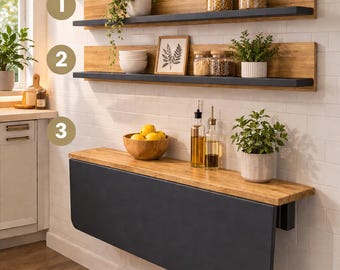 Folding Murphy Table with Wall Mounted Shelf, Folding Kitchen Table, Space Saving Table, Folding Laptop Table, Wooden Balcony Table