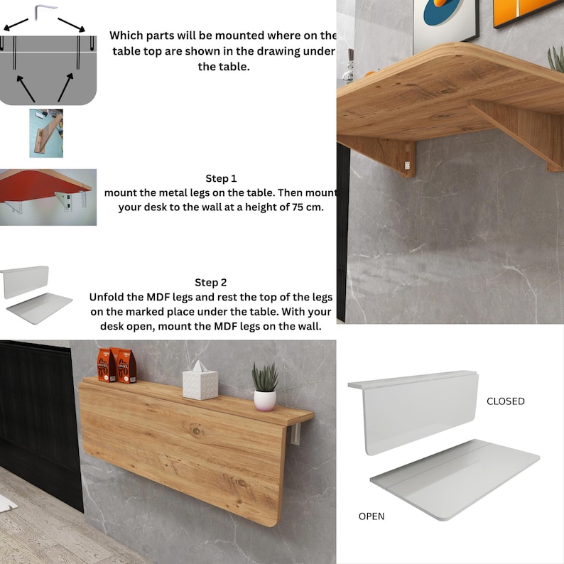 May include: A wall-mounted wooden desk with a light brown finish, shown in open and closed positions. Instructions detail mounting metal legs and MDF legs, with the desk mounted at 75 cm from the floor. The image includes diagrams and text for assembly.