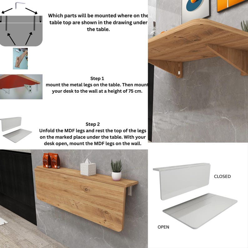May include: A wall-mounted wooden desk with a light brown finish, shown in open and closed positions. Instructions detail mounting metal legs and MDF legs, with the desk mounted at 75 cm from the floor. The image includes diagrams and text for assembly.