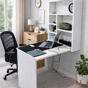 Wall Mounted Murphy Table with Shelves, Wall Folding Wooden Desk, Folding Home Office Desk, Foldable Computer Desk image 11