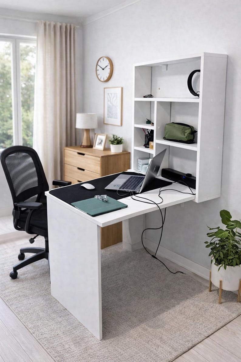 Wall Mounted Murphy Table with Shelves, Wall Folding Wooden Desk, Folding Home Office Desk, Foldable Computer Desk image 11