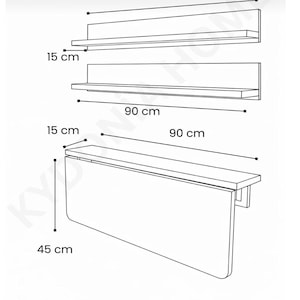 May include: Line drawing of three wall-mounted shelves and a drop-leaf table. The shelves are 35.4 inches long and 5.9 inches deep. The drop-leaf table is 35.4 inches long and 17.7 inches deep when open.