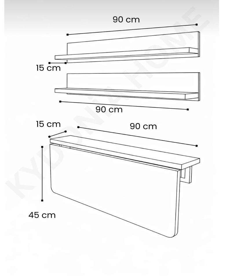 May include: Line drawing of three wall-mounted shelves and a drop-leaf table. The shelves are 35.4 inches long and 5.9 inches deep. The drop-leaf table is 35.4 inches long and 17.7 inches deep when open.