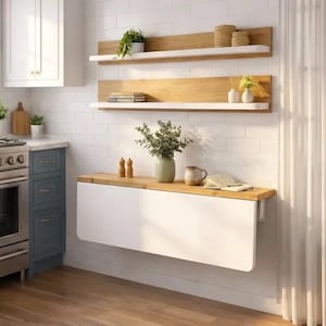 May include: A modern kitchen with white brick walls, wooden shelves, and a fold-down table. The kitchen features a white cabinet, a blue cabinet with a stove, and a window with natural light. Decorative items include plants and vases.