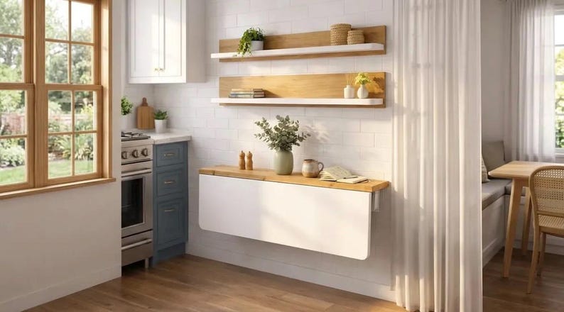 May include: A modern kitchen with white brick walls, wooden shelves, and a fold-down table. The kitchen features a white cabinet, a blue cabinet with a stove, and a window with natural light. Decorative items include plants and vases.